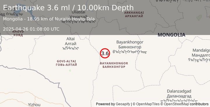 Earthquake CENTRAL MONGOLIA (3.6 ml) (2025-04-26 01:08:00 UTC)