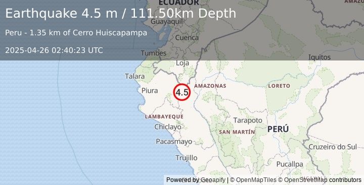 Earthquake NORTHERN PERU (4.5 m) (2025-04-26 02:40:23 UTC)