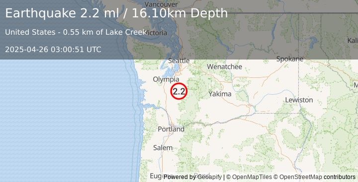 Earthquake WASHINGTON (2.2 ml) (2025-04-26 03:00:51 UTC)