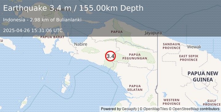 Earthquake PAPUA, INDONESIA (3.4 m) (2025-04-26 15:31:06 UTC)