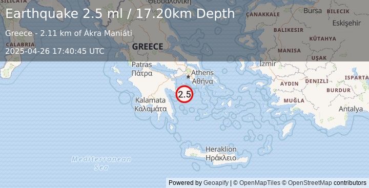 Earthquake SOUTHERN GREECE (2.5 ml) (2025-04-26 17:40:45 UTC)