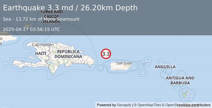 Earthquake PUERTO RICO REGION (3.3 md) (2025-04-27 03:56:15 UTC)