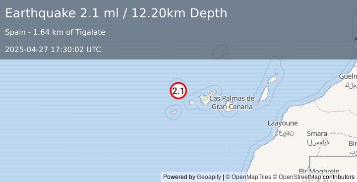 Earthquake CANARY ISLANDS, SPAIN REGION (2.1 ml) (2025-04-27 17:30:45 UTC)