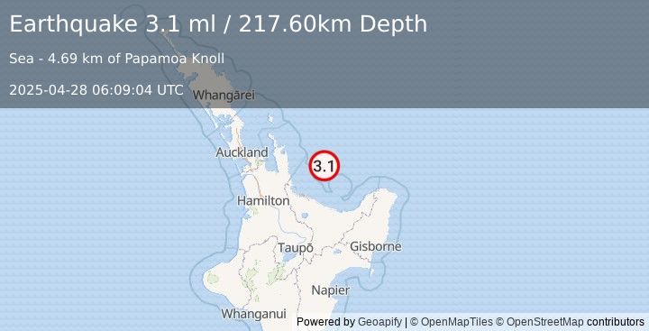 Earthquake NORTH ISLAND OF NEW ZEALAND (3.1 ml) (2025-04-28 06:09:04 UTC)