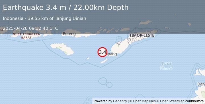 Earthquake TIMOR REGION, INDONESIA (3.4 m) (2025-04-28 09:32:40 UTC)
