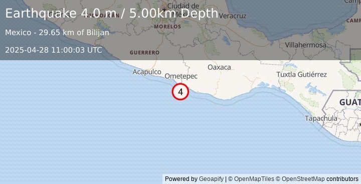 Earthquake OFFSHORE OAXACA, MEXICO (4.0 m) (2025-04-28 11:00:03 UTC)
