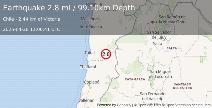 Earthquake ANTOFAGASTA, CHILE (2.8 ml) (2025-04-28 11:06:41 UTC)