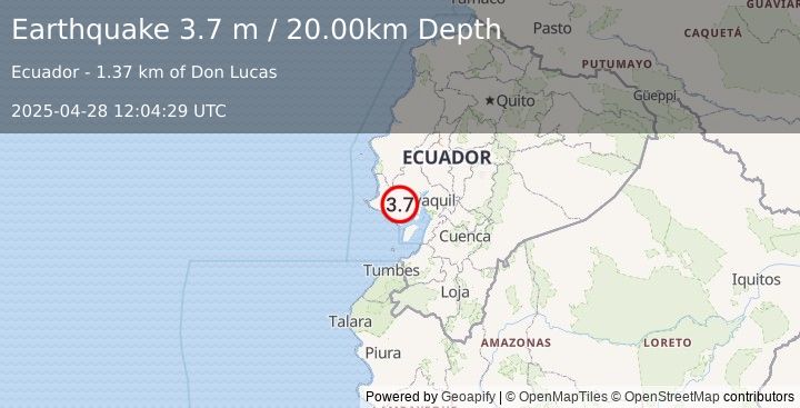 Earthquake NEAR COAST OF ECUADOR (3.7 m) (2025-04-28 12:04:29 UTC)