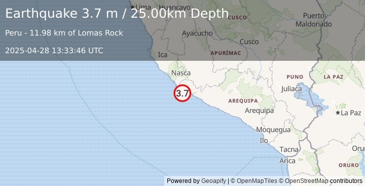 Earthquake NEAR COAST OF SOUTHERN PERU (3.7 m) (2025-04-28 13:33:46 UTC)