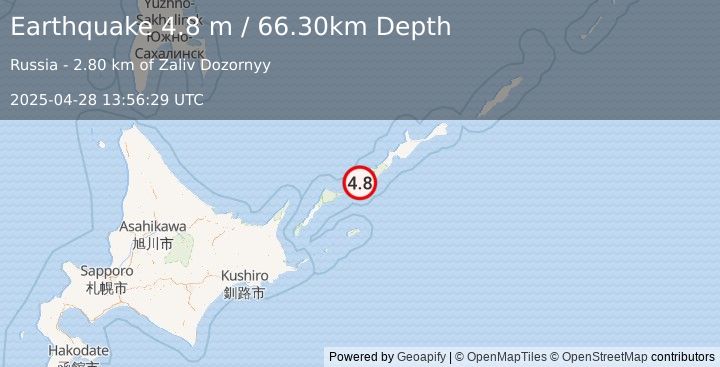 Earthquake KURIL ISLANDS (4.8 m) (2025-04-28 13:56:29 UTC)
