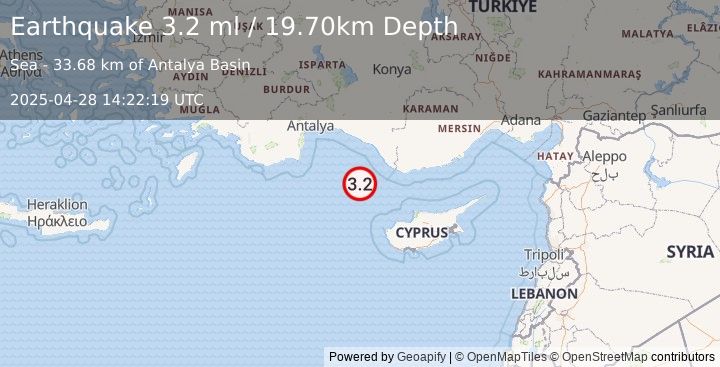 Earthquake CYPRUS REGION (3.2 ml) (2025-04-28 14:22:19 UTC)