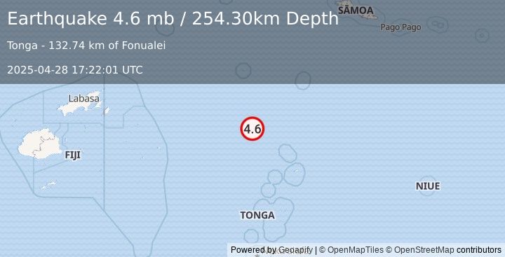 Earthquake TONGA (4.6 mb) (2025-04-28 17:22:01 UTC)
