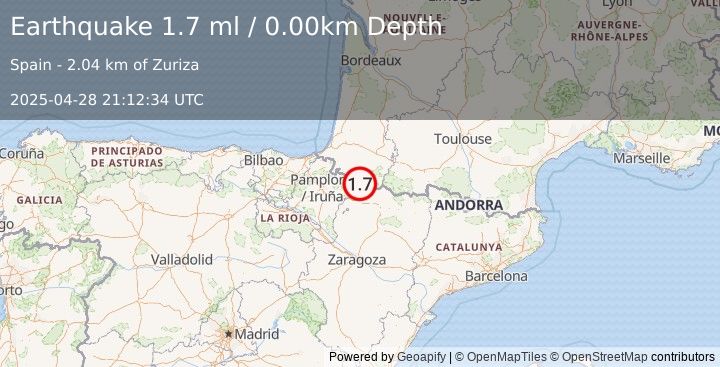 Earthquake PYRENEES (1.7 ml) (2025-04-28 21:12:34 UTC)