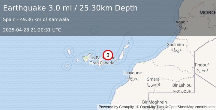 Earthquake CANARY ISLANDS, SPAIN REGION (3.0 ml) (2025-04-28 21:20:31 UTC)