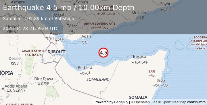 Earthquake GULF OF ADEN (4.5 mb) (2025-04-28 21:59:04 UTC)