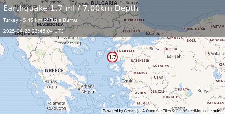 Earthquake NEAR THE COAST OF WESTERN TURKEY (1.7 ml) (2025-04-28 23:46:04 UTC)
