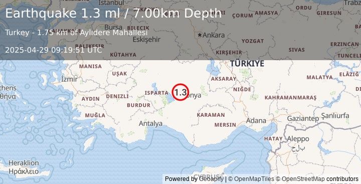 Earthquake CENTRAL TURKEY (1.3 ml) (2025-04-29 09:19:51 UTC)