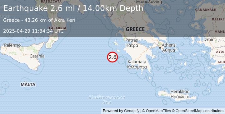 Earthquake IONIAN SEA (2.6 ml) (2025-04-29 11:34:34 UTC)