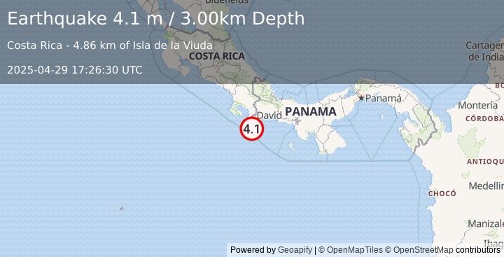 Earthquake PANAMA-COSTA RICA BORDER REGION (4.1 m) (2025-04-29 17:26:30 UTC)