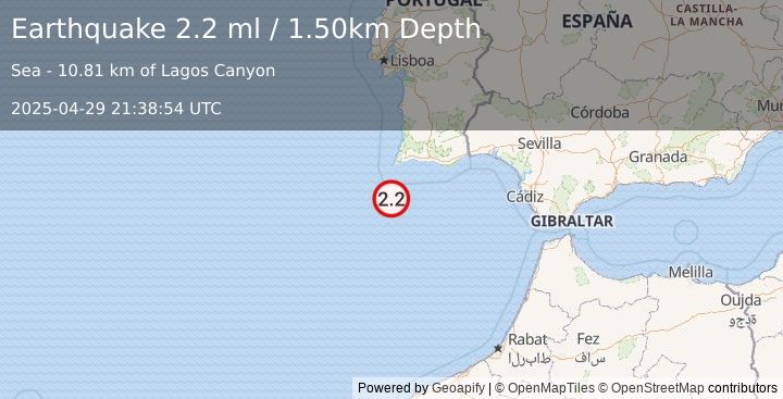 Earthquake WEST OF GIBRALTAR (2.2 ml) (2025-04-29 21:38:54 UTC)