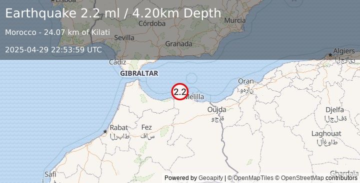 Earthquake STRAIT OF GIBRALTAR (2.2 ml) (2025-04-29 22:53:59 UTC)