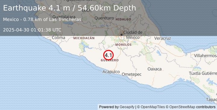 Earthquake GUERRERO, MEXICO (4.1 m) (2025-04-30 01:01:38 UTC)