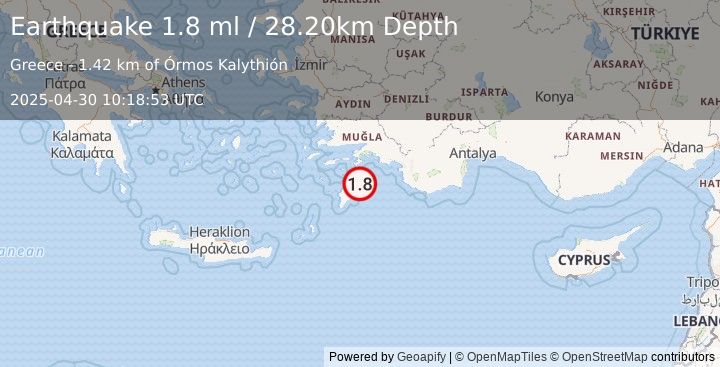Earthquake DODECANESE IS.-TURKEY BORDER REG (1.8 ml) (2025-04-30 10:18:53 UTC)