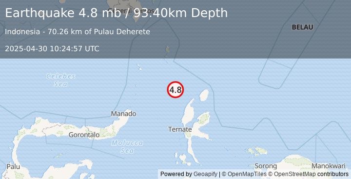 Earthquake MOLUCCA SEA (4.8 mb) (2025-04-30 10:24:57 UTC)