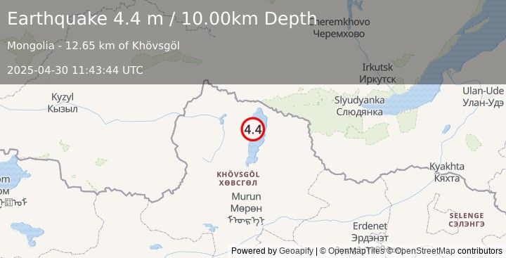 Earthquake RUSSIA-MONGOLIA BORDER REGION (4.4 m) (2025-04-30 11:43:44 UTC)