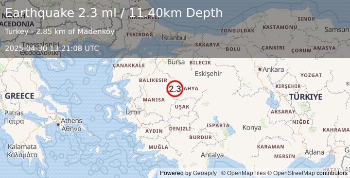Earthquake WESTERN TURKEY (2.3 ml) (2025-04-30 13:21:08 UTC)