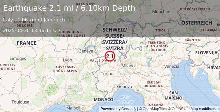 Earthquake NORTHERN ITALY (2.1 ml) (2025-04-30 13:36:13 UTC)
