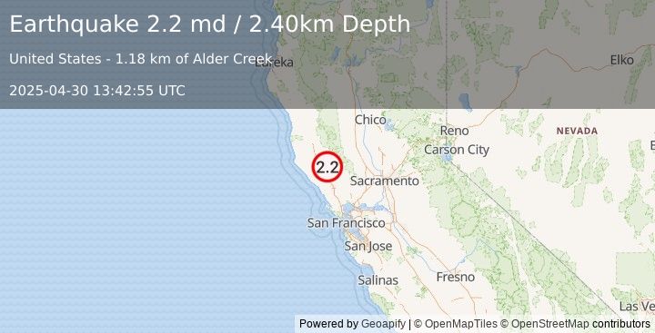 Earthquake NORTHERN CALIFORNIA (2.2 md) (2025-04-30 13:42:55 UTC)