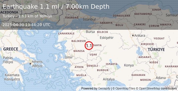 Earthquake WESTERN TURKEY (1.1 ml) (2025-04-30 13:44:20 UTC)