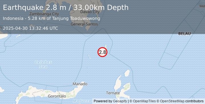 Earthquake KEPULAUAN TALAUD, INDONESIA (2.8 m) (2025-04-30 13:32:46 UTC)
