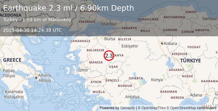 Earthquake WESTERN TURKEY (2.3 ml) (2025-04-30 14:24:33 UTC)