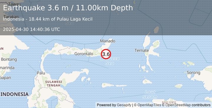 Earthquake MINAHASA, SULAWESI, INDONESIA (3.6 m) (2025-04-30 14:40:36 UTC)