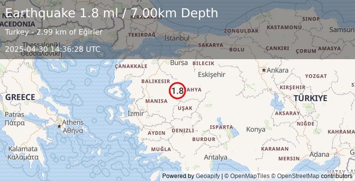 Earthquake WESTERN TURKEY (1.8 ml) (2025-04-30 14:36:28 UTC)