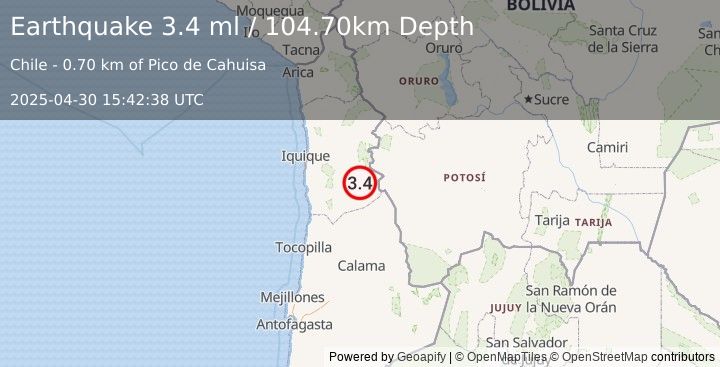 Earthquake TARAPACA, CHILE (3.4 ml) (2025-04-30 15:42:38 UTC)