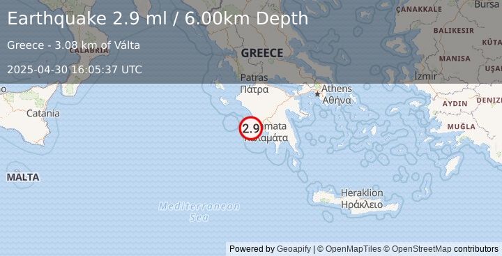 Earthquake SOUTHERN GREECE (2.9 ml) (2025-04-30 16:05:37 UTC)