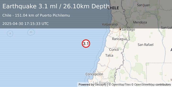 Earthquake OFF COAST OF O'HIGGINS, CHILE (3.1 ml) (2025-04-30 17:15:33 UTC)