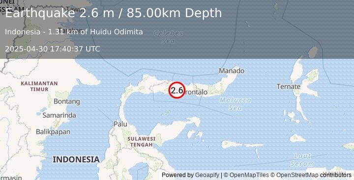 Earthquake MINAHASA, SULAWESI, INDONESIA (2.6 m) (2025-04-30 17:40:37 UTC)
