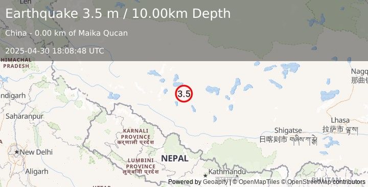 Earthquake WESTERN XIZANG (3.5 m) (2025-04-30 18:08:48 UTC)