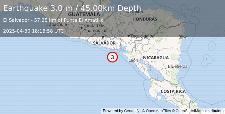 Earthquake OFFSHORE EL SALVADOR (3.0 m) (2025-04-30 18:16:57 UTC)