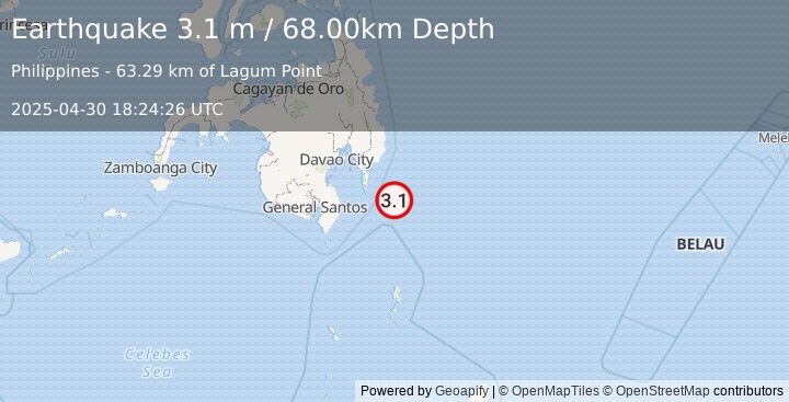 Earthquake MINDANAO, PHILIPPINES (3.1 m) (2025-04-30 18:24:26 UTC)