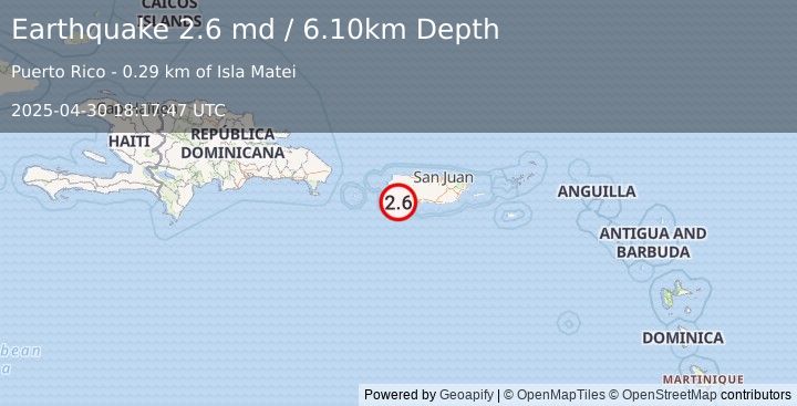 Earthquake PUERTO RICO (2.6 md) (2025-04-30 18:17:47 UTC)