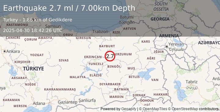 Earthquake EASTERN TURKEY (2.7 ml) (2025-04-30 18:42:26 UTC)