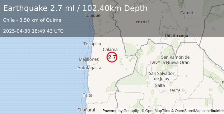 Earthquake ANTOFAGASTA, CHILE (2.7 ml) (2025-04-30 18:49:43 UTC)