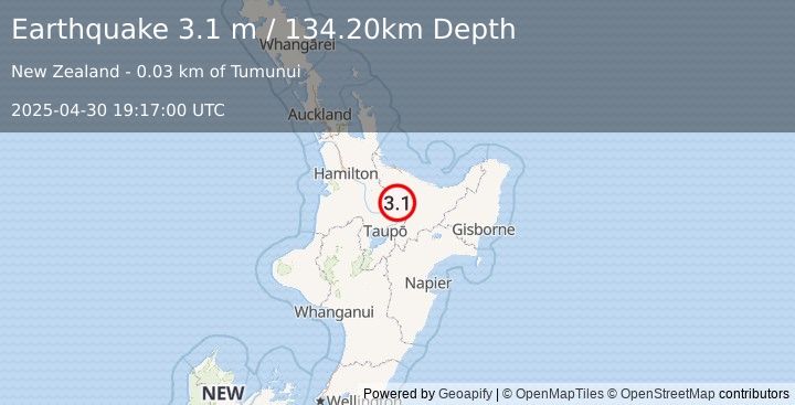 Earthquake NORTH ISLAND OF NEW ZEALAND (3.1 m) (2025-04-30 19:17:00 UTC)