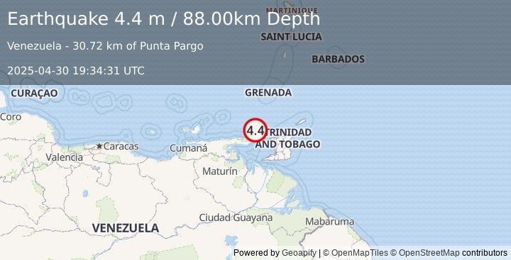 Earthquake OFFSHORE SUCRE, VENEZUELA (4.4 m) (2025-04-30 19:34:31 UTC)
