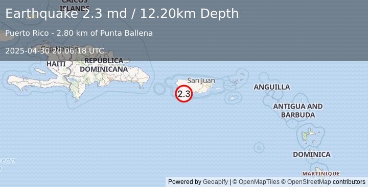 Earthquake PUERTO RICO REGION (2.3 md) (2025-04-30 20:06:18 UTC)